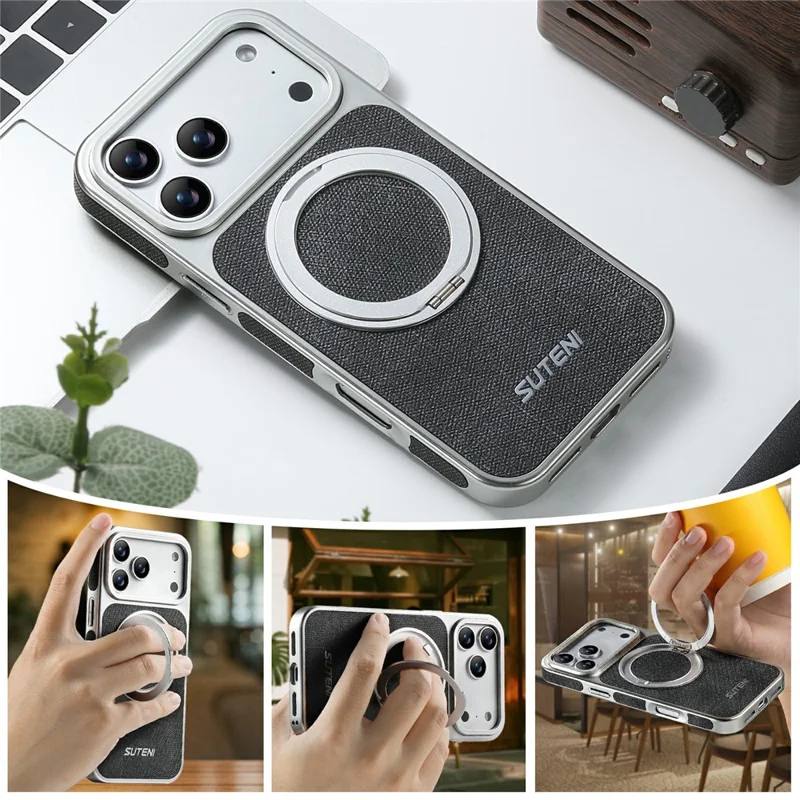 SUTENI G6 for iPhone 17 Pro Max Magnetic Case Rotating Kickstand Electroplating Jean Cloth Texture Leather Back Cover - Black