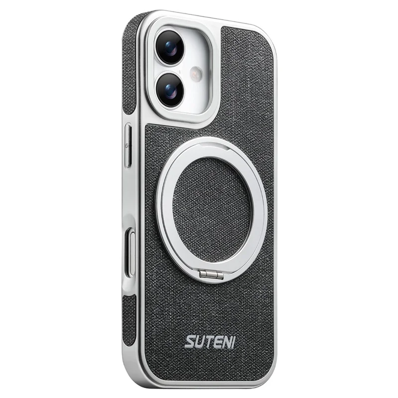 SUTENI G6 for iPhone 17 Magnetic Case Rotating Kickstand Electroplating Jean Cloth Texture Leather Back Cover - Black