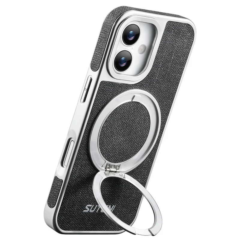 SUTENI G6 for iPhone 17 Magnetic Case Rotating Kickstand Electroplating Jean Cloth Texture Leather Back Cover - Black
