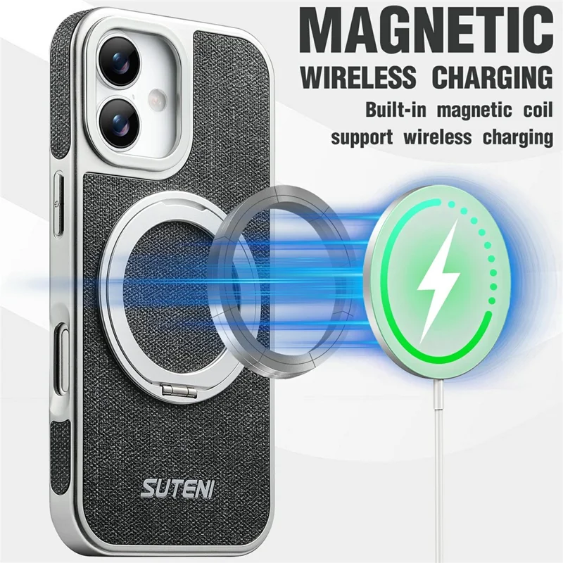 SUTENI G6 for iPhone 17 Magnetic Case Rotating Kickstand Electroplating Jean Cloth Texture Leather Back Cover - Black
