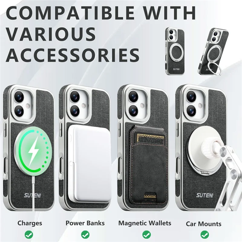 SUTENI G6 for iPhone 17 Magnetic Case Rotating Kickstand Electroplating Jean Cloth Texture Leather Back Cover - Black