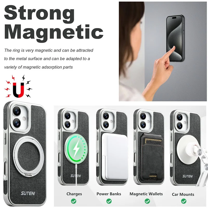 SUTENI G6 for iPhone 17 Magnetic Case Rotating Kickstand Electroplating Jean Cloth Texture Leather Back Cover - Black
