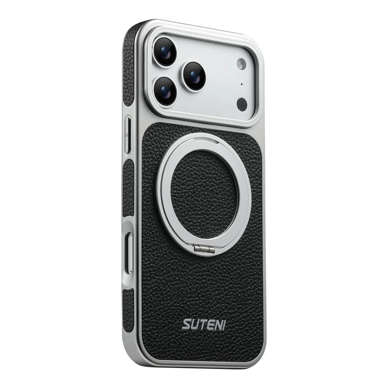 SUTENI G6 for iPhone 17 Pro Max Magnetic Case Rotating Kickstand Electroplating Litchi Texture Leather Back Cover - Black