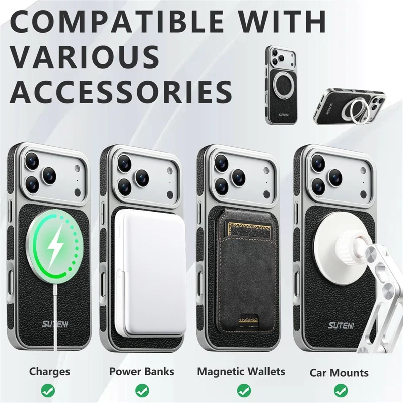 SUTENI G6 for iPhone 17 Pro Max Magnetic Case Rotating Kickstand Electroplating Litchi Texture Leather Back Cover - Black