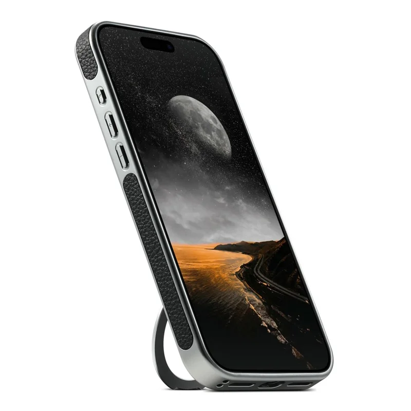 SUTENI G6 for iPhone 17 Pro Max Magnetic Case Rotating Kickstand Electroplating Litchi Texture Leather Back Cover - Black