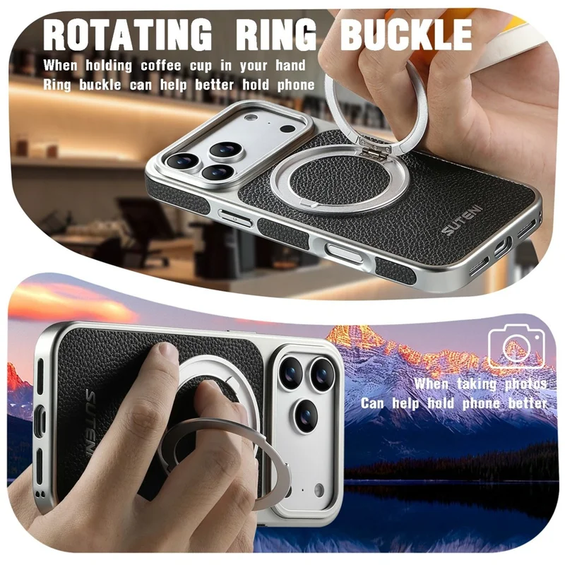 SUTENI G6 for iPhone 17 Pro Max Magnetic Case Rotating Kickstand Electroplating Litchi Texture Leather Back Cover - Black