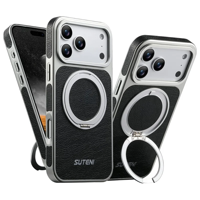 SUTENI G6 for iPhone 17 Pro Max Magnetic Case Rotating Kickstand Electroplating Crazy Horse Texture Leather Back Cover - Black