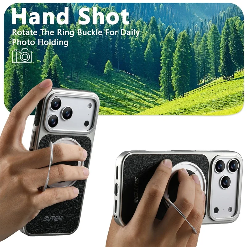 SUTENI G6 for iPhone 17 Pro Max Magnetic Case Rotating Kickstand Electroplating Crazy Horse Texture Leather Back Cover - Black