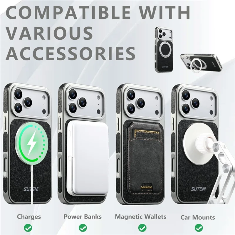 SUTENI G6 for iPhone 17 Pro Max Magnetic Case Rotating Kickstand Electroplating Crazy Horse Texture Leather Back Cover - Black