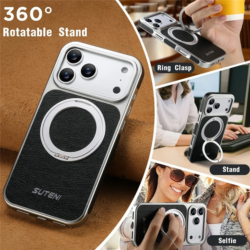 SUTENI G6 for iPhone 17 Pro Max Magnetic Case Rotating Kickstand Electroplating Crazy Horse Texture Leather Back Cover - Black
