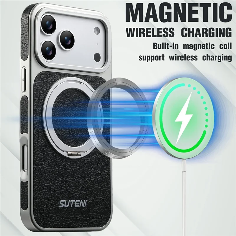 SUTENI G6 for iPhone 17 Pro Max Magnetic Case Rotating Kickstand Electroplating Crazy Horse Texture Leather Back Cover - Black