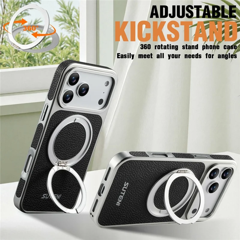 SUTENI G6 for iPhone 17 Pro Magnetic Case Rotating Kickstand Electroplating Litchi Texture Leather Back Cover - Black