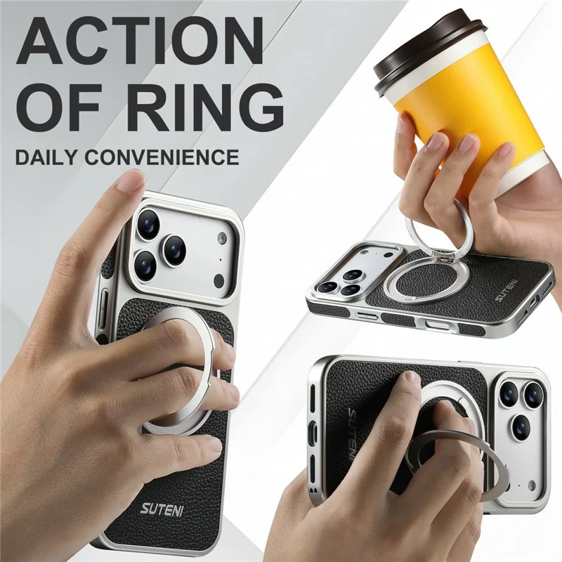 SUTENI G6 for iPhone 17 Pro Magnetic Case Rotating Kickstand Electroplating Litchi Texture Leather Back Cover - Black