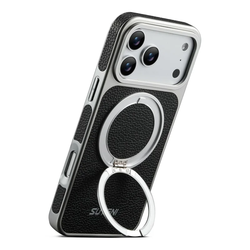 SUTENI G6 for iPhone 17 Pro Magnetic Case Rotating Kickstand Electroplating Litchi Texture Leather Back Cover - Black