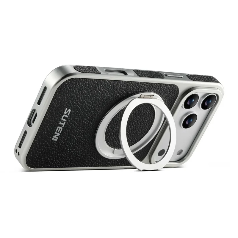 SUTENI G6 for iPhone 17 Pro Magnetic Case Rotating Kickstand Electroplating Litchi Texture Leather Back Cover - Black