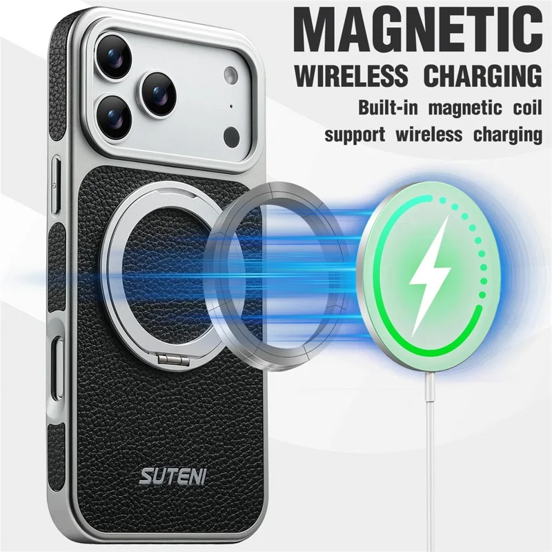 SUTENI G6 for iPhone 17 Pro Magnetic Case Rotating Kickstand Electroplating Litchi Texture Leather Back Cover - Black