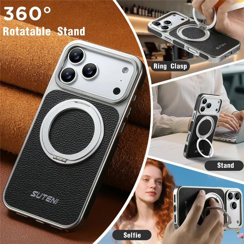 SUTENI G6 for iPhone 17 Pro Magnetic Case Rotating Kickstand Electroplating Litchi Texture Leather Back Cover - Black