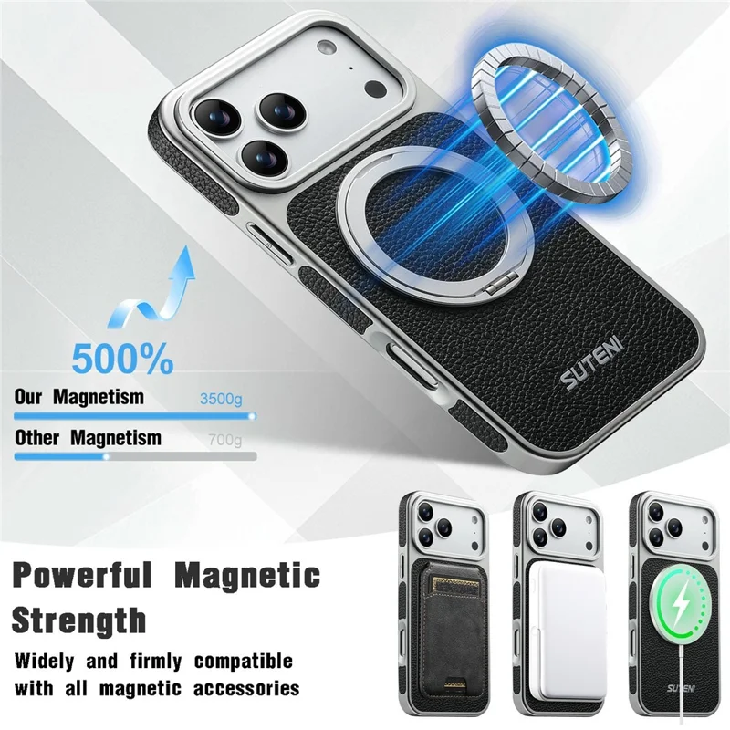 SUTENI G6 for iPhone 17 Pro Magnetic Case Rotating Kickstand Electroplating Litchi Texture Leather Back Cover - Black