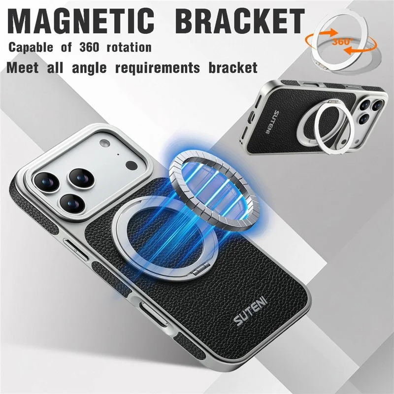 SUTENI G6 for iPhone 17 Pro Magnetic Case Rotating Kickstand Electroplating Litchi Texture Leather Back Cover - Black