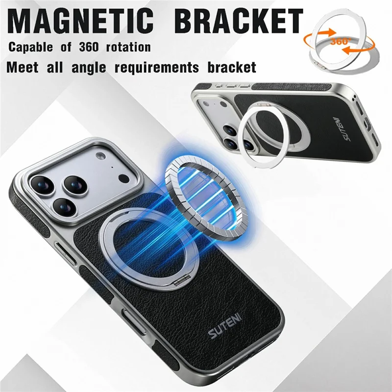 SUTENI G6 for iPhone 17 Pro Magnetic Case Rotating Kickstand Electroplating Crazy Horse Texture Leather Back Cover - Black