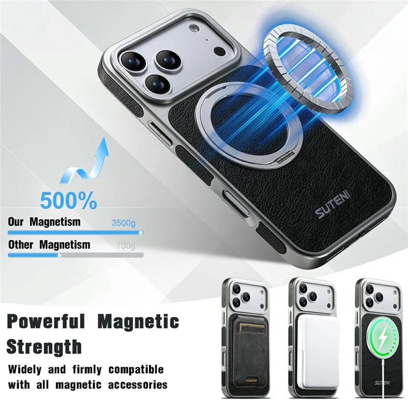 SUTENI G6 for iPhone 17 Pro Magnetic Case Rotating Kickstand Electroplating Crazy Horse Texture Leather Back Cover - Black