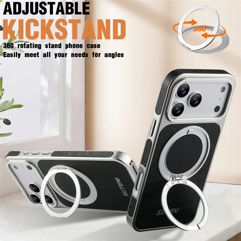 SUTENI G6 for iPhone 17 Pro Magnetic Case Rotating Kickstand Electroplating Crazy Horse Texture Leather Back Cover - Black