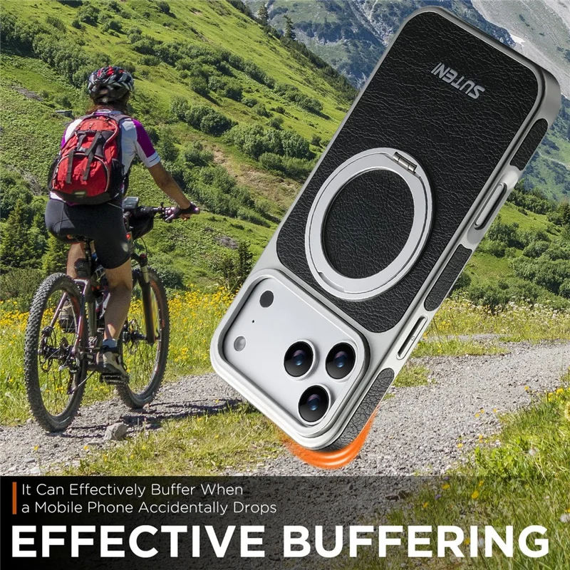 SUTENI G6 for iPhone 17 Pro Magnetic Case Rotating Kickstand Electroplating Crazy Horse Texture Leather Back Cover - Black