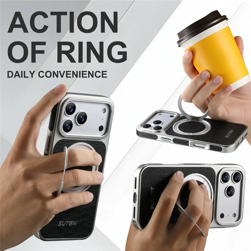 SUTENI G6 for iPhone 17 Pro Magnetic Case Rotating Kickstand Electroplating Crazy Horse Texture Leather Back Cover - Black