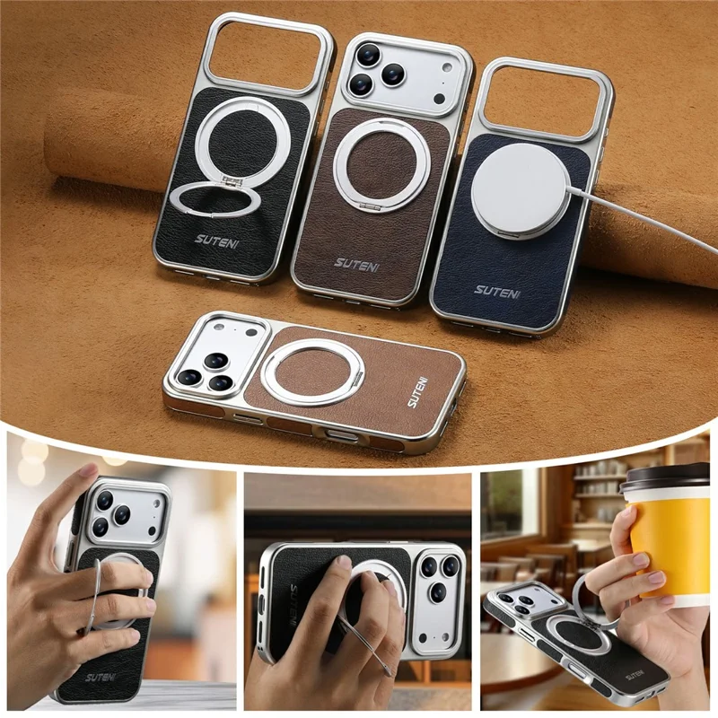 SUTENI G6 for iPhone 17 Pro Magnetic Case Rotating Kickstand Electroplating Crazy Horse Texture Leather Back Cover - Black
