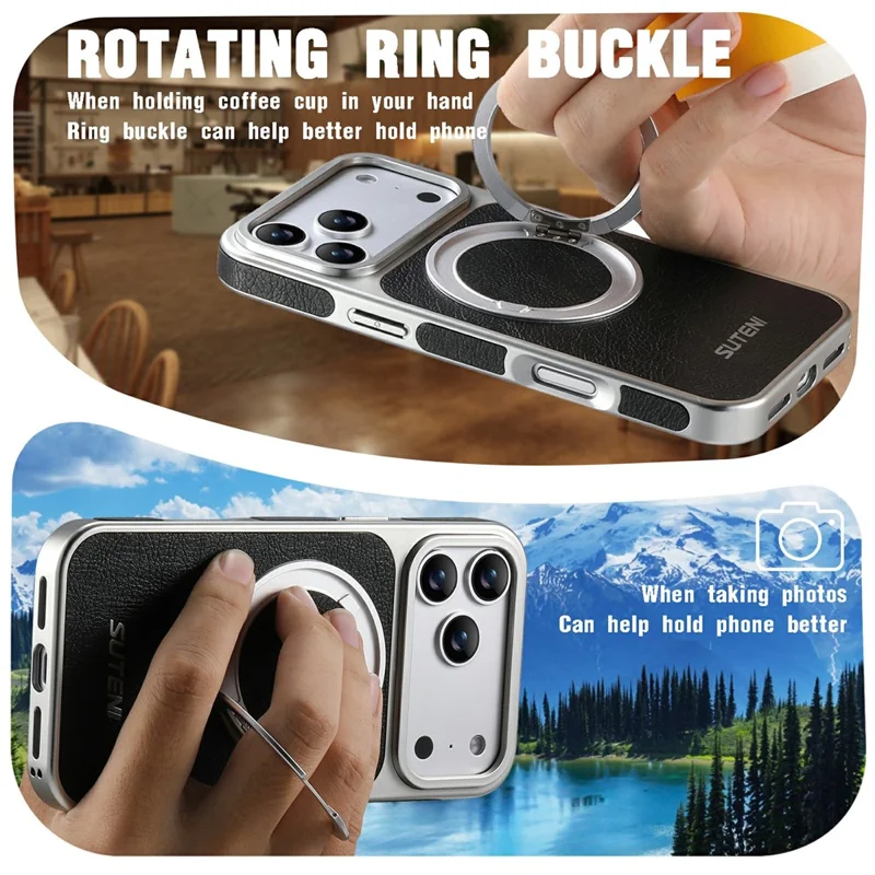 SUTENI G6 for iPhone 17 Pro Magnetic Case Rotating Kickstand Electroplating Crazy Horse Texture Leather Back Cover - Black