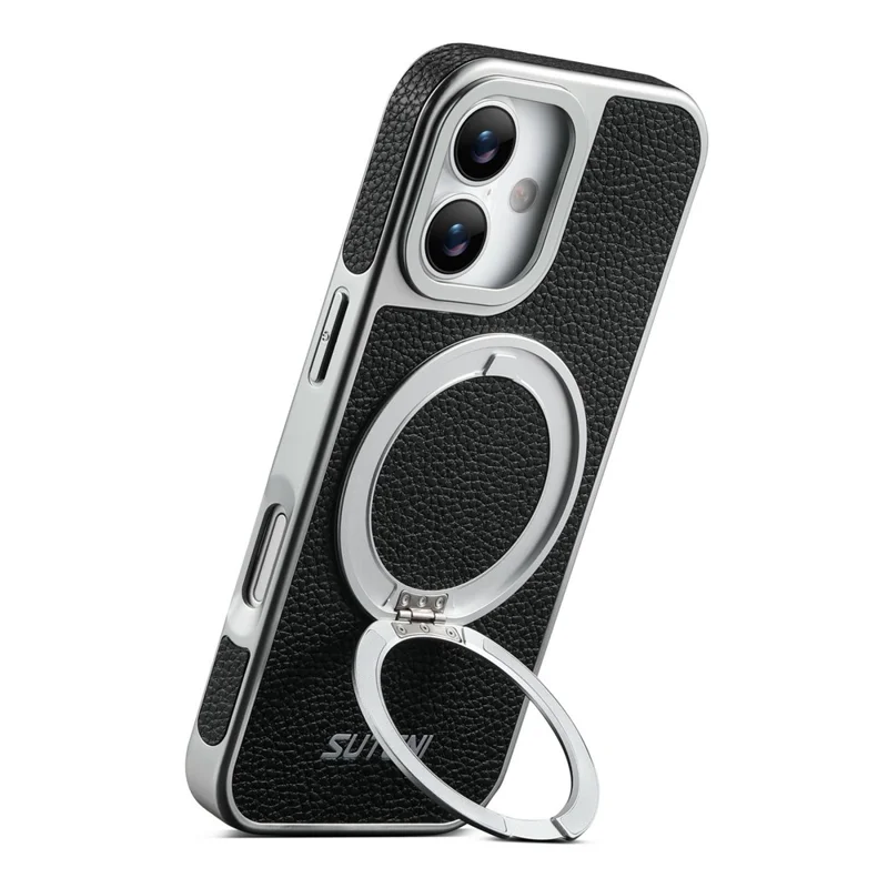 SUTENI G6 for iPhone 17 Magnetic Case Rotating Kickstand Electroplating Litchi Texture Leather Back Cover - Black