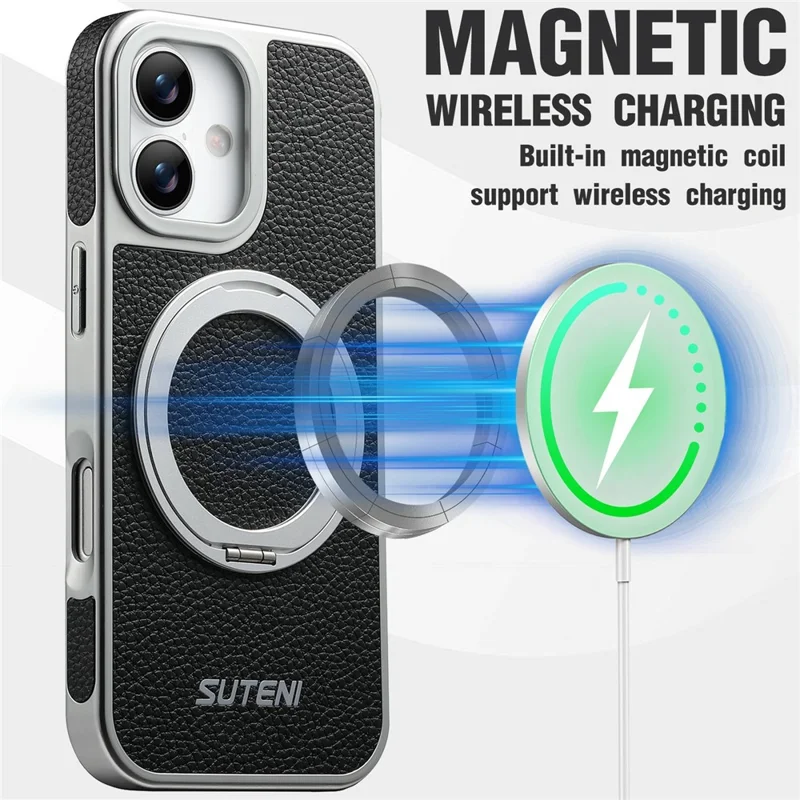 SUTENI G6 for iPhone 17 Magnetic Case Rotating Kickstand Electroplating Litchi Texture Leather Back Cover - Black