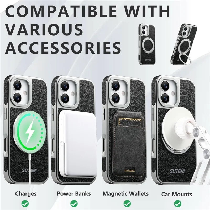 SUTENI G6 for iPhone 17 Magnetic Case Rotating Kickstand Electroplating Litchi Texture Leather Back Cover - Black