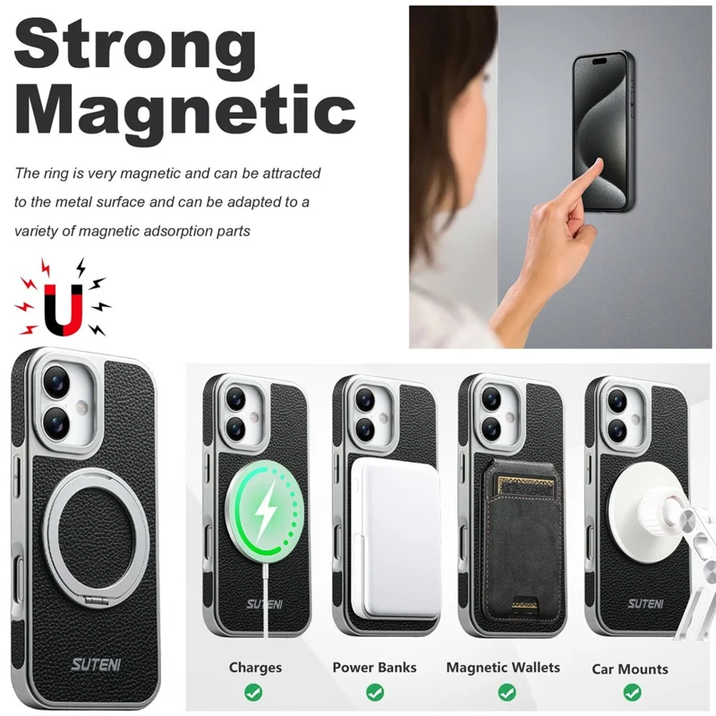 SUTENI G6 for iPhone 17 Magnetic Case Rotating Kickstand Electroplating Litchi Texture Leather Back Cover - Black