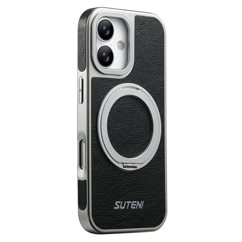 SUTENI G6 for iPhone 17 Magnetic Case Rotating Kickstand Electroplating Crazy Horse Texture Leather Back Cover - Black
