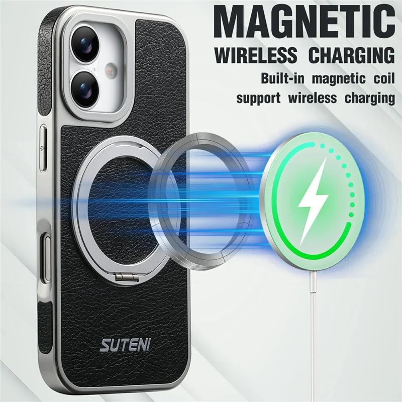 SUTENI G6 for iPhone 17 Magnetic Case Rotating Kickstand Electroplating Crazy Horse Texture Leather Back Cover - Black