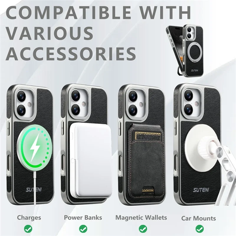 SUTENI G6 for iPhone 17 Magnetic Case Rotating Kickstand Electroplating Crazy Horse Texture Leather Back Cover - Black