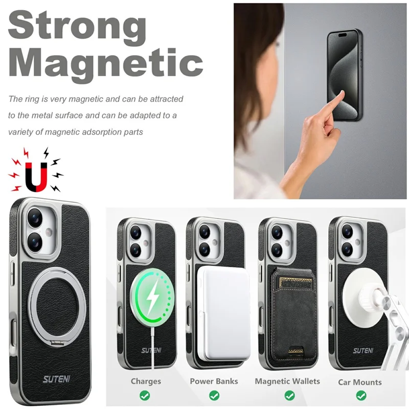 SUTENI G6 for iPhone 17 Magnetic Case Rotating Kickstand Electroplating Crazy Horse Texture Leather Back Cover - Black
