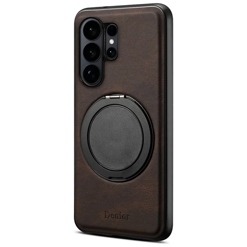 DENIOR A14 For Samsung Galaxy S25 Ultra Magnetic Case Rotary Kickstand Leather PC TPU Phone Cover - Brown