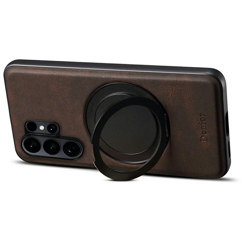 DENIOR A14 For Samsung Galaxy S25 Ultra Magnetic Case Rotary Kickstand Leather PC TPU Phone Cover - Brown