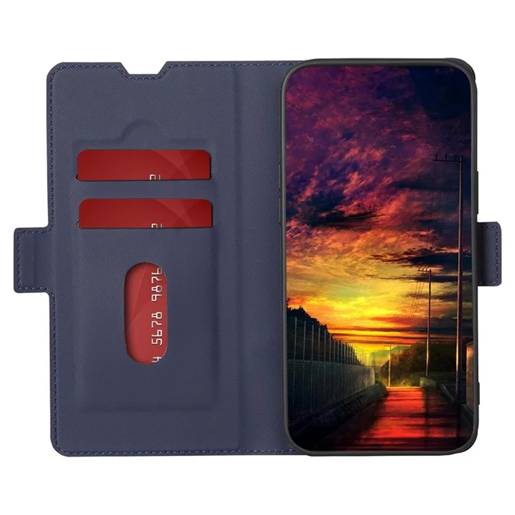 Для Samsung Galaxy A04s 4G (164,7 x 76,7 x 9,1 мм) Twill Texture Card Holder Phone Case PU Leather Dual Magnet Clasp Stand Cover - Синий
