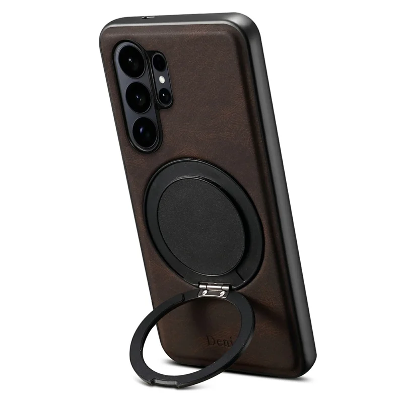 DENIOR A14 For Samsung Galaxy S26 Ultra Magnetic Case Rotary Kickstand Leather PC TPU Phone Cover - Brown