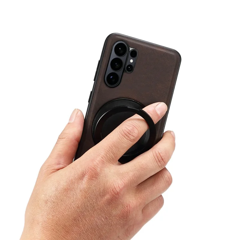 DENIOR A14 For Samsung Galaxy S26 Ultra Magnetic Case Rotary Kickstand Leather PC TPU Phone Cover - Brown