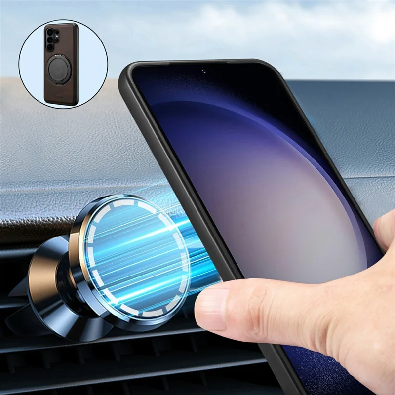 DENIOR A14 For Samsung Galaxy S26 Ultra Magnetic Case Rotary Kickstand Leather PC TPU Phone Cover - Brown