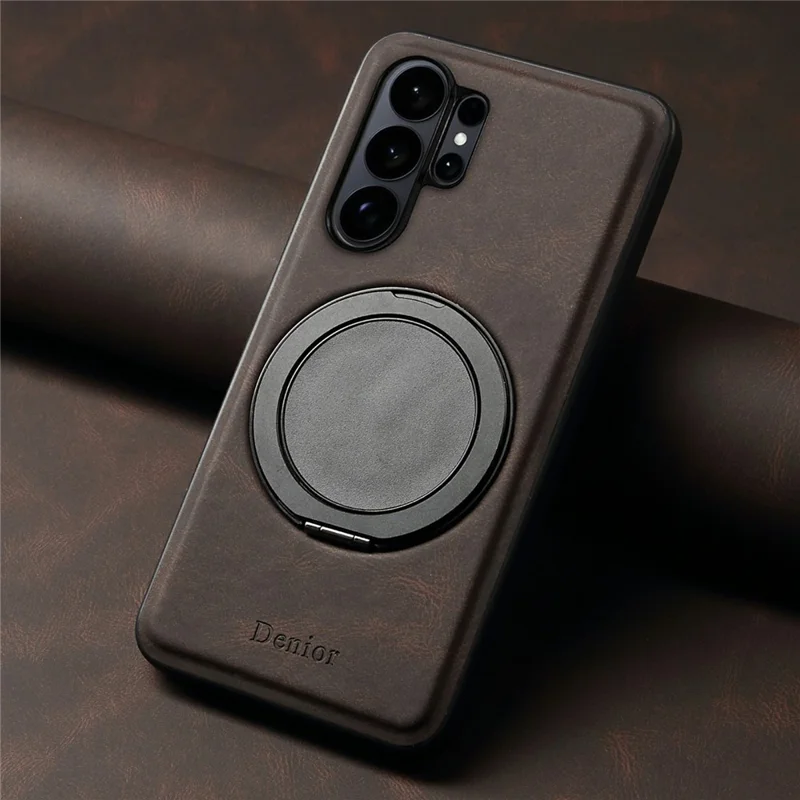 DENIOR A14 For Samsung Galaxy S26 Ultra Magnetic Case Rotary Kickstand Leather PC TPU Phone Cover - Brown