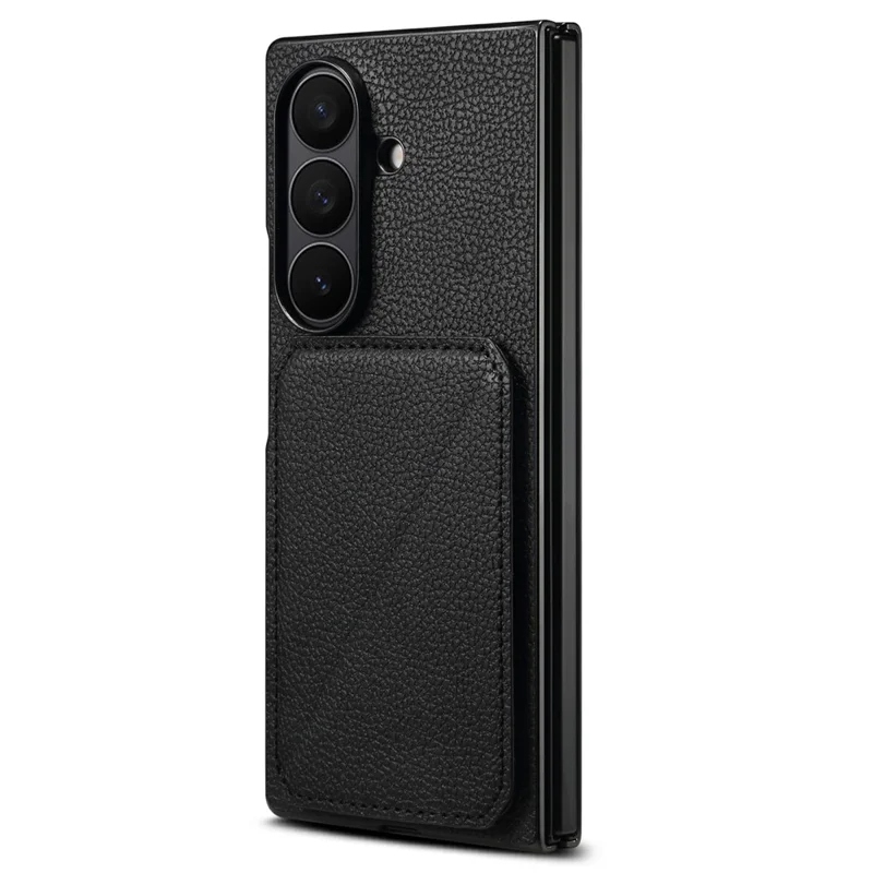 For Samsung Galaxy Z Fold7 5G Case Card Holder Kickstand Calf Textured Leather + PC + TPU Phone Cover - Black