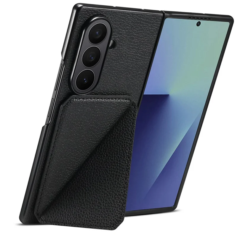 For Samsung Galaxy Z Fold7 5G Case Card Holder Kickstand Calf Textured Leather + PC + TPU Phone Cover - Black