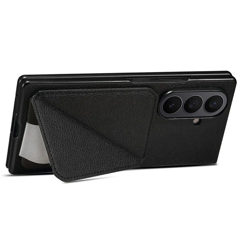 For Samsung Galaxy Z Fold7 5G Case Card Holder Kickstand Calf Textured Leather + PC + TPU Phone Cover - Black