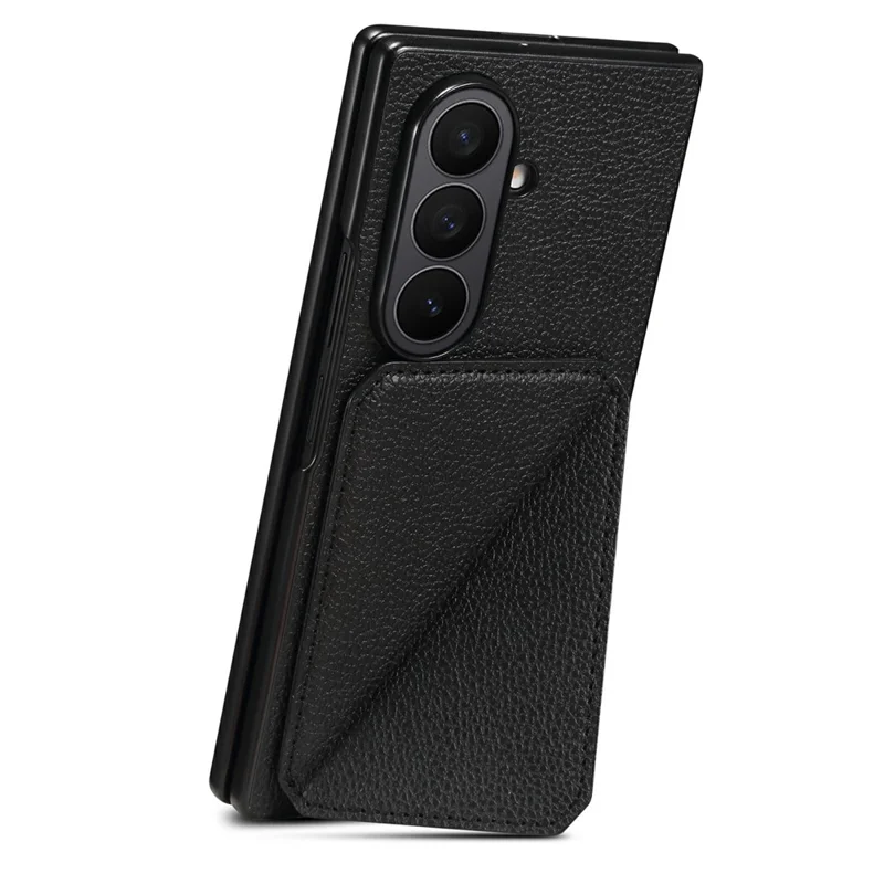 For Samsung Galaxy Z Fold7 5G Case Card Holder Kickstand Calf Textured Leather + PC + TPU Phone Cover - Black