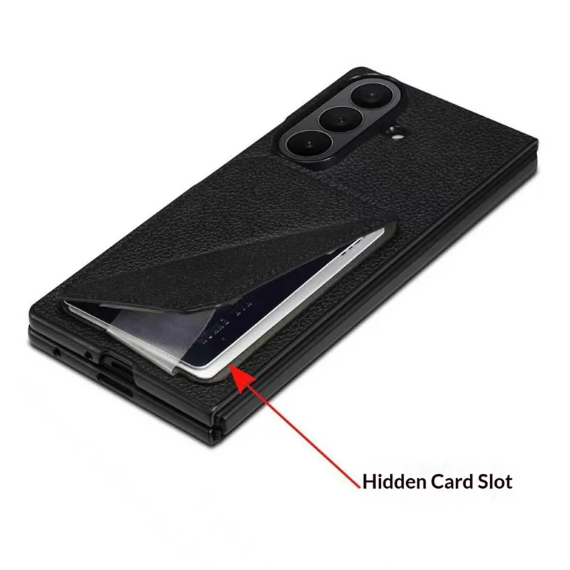 For Samsung Galaxy Z Fold7 5G Case Card Holder Kickstand Calf Textured Leather + PC + TPU Phone Cover - Black